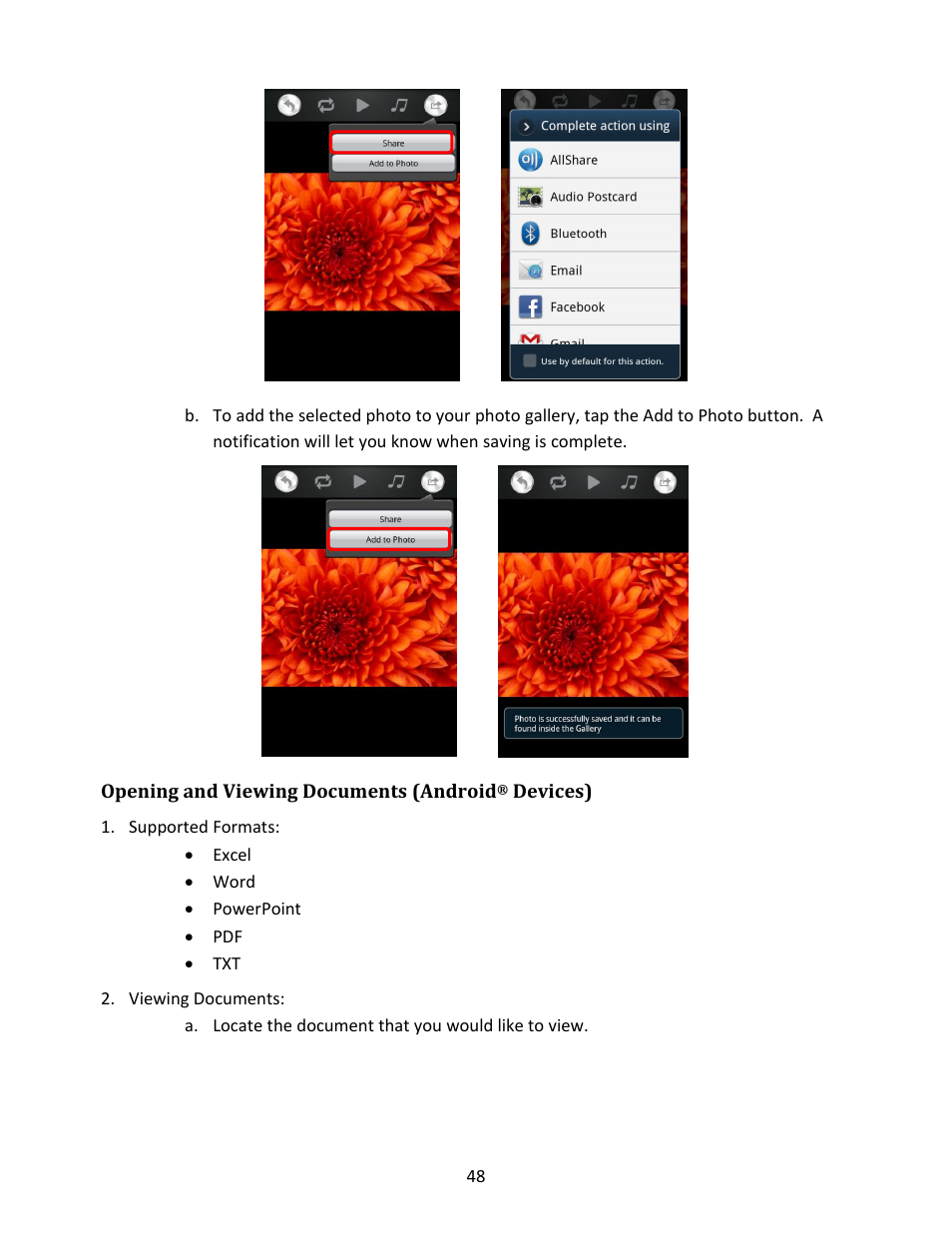 Opening and viewing documents (android, Devices), Supported formats | Viewing documents | IOGear GWFRSDU Manual User Manual | Page 48 / 103