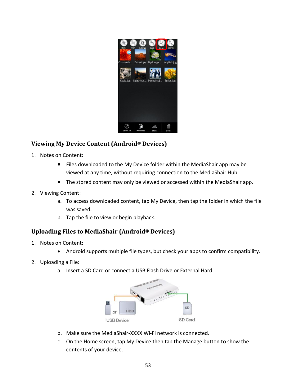 Viewing my device content (android, Devices), Notes on content | Viewing content, Uploading files to mediashair (android, Uploading a file | IOGear GWFRSDU Manual User Manual | Page 53 / 103