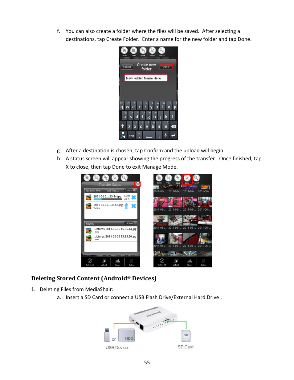 Deleting stored content (android, Devices), Deleting files from mediashair | IOGear GWFRSDU Manual User Manual | Page 55 / 103