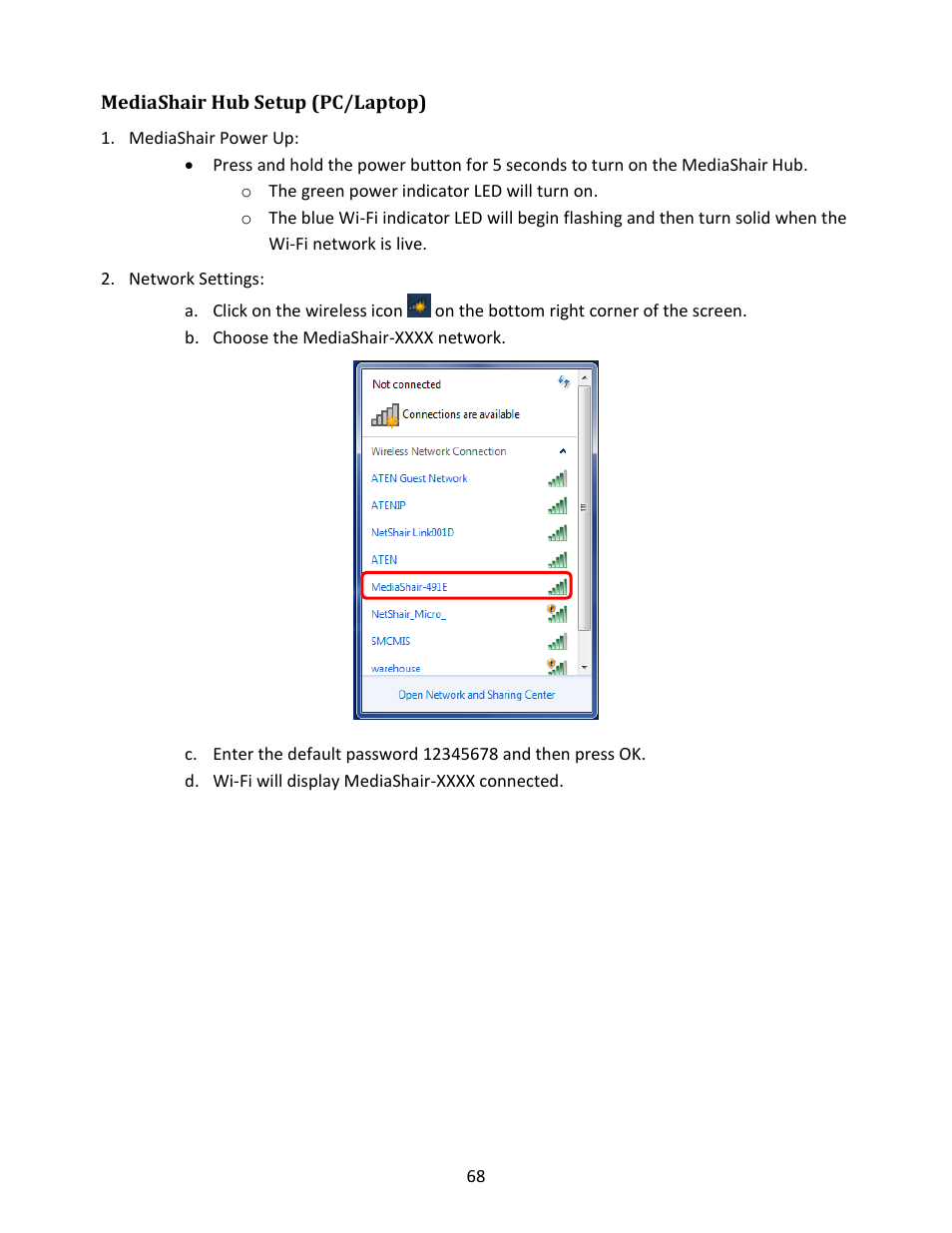 Mediashair hub setup (pc/laptop), Mediashair power up, Network settings | IOGear GWFRSDU Manual User Manual | Page 68 / 103
