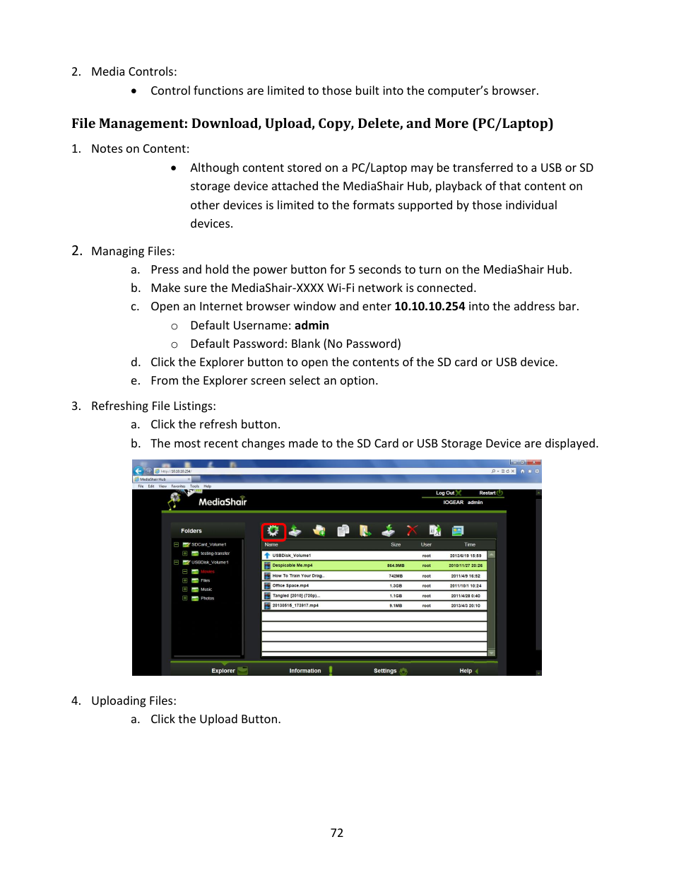 Media controls, Notes on content, Managing files | Refreshing file listings, Uploading files | IOGear GWFRSDU Manual User Manual | Page 72 / 103