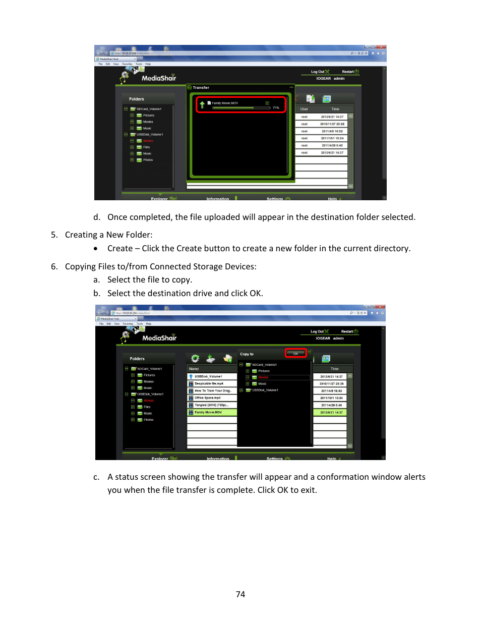 Creating a new folder, Copying files to/from connected storage devices | IOGear GWFRSDU Manual User Manual | Page 74 / 103
