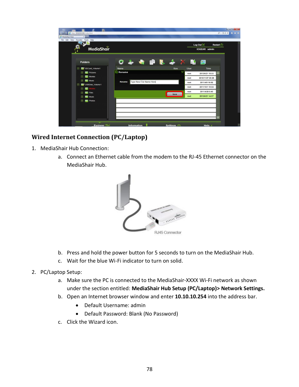 Wired internet connection (pc/laptop), Mediashair hub connection, Pc/laptop setup | IOGear GWFRSDU Manual User Manual | Page 78 / 103