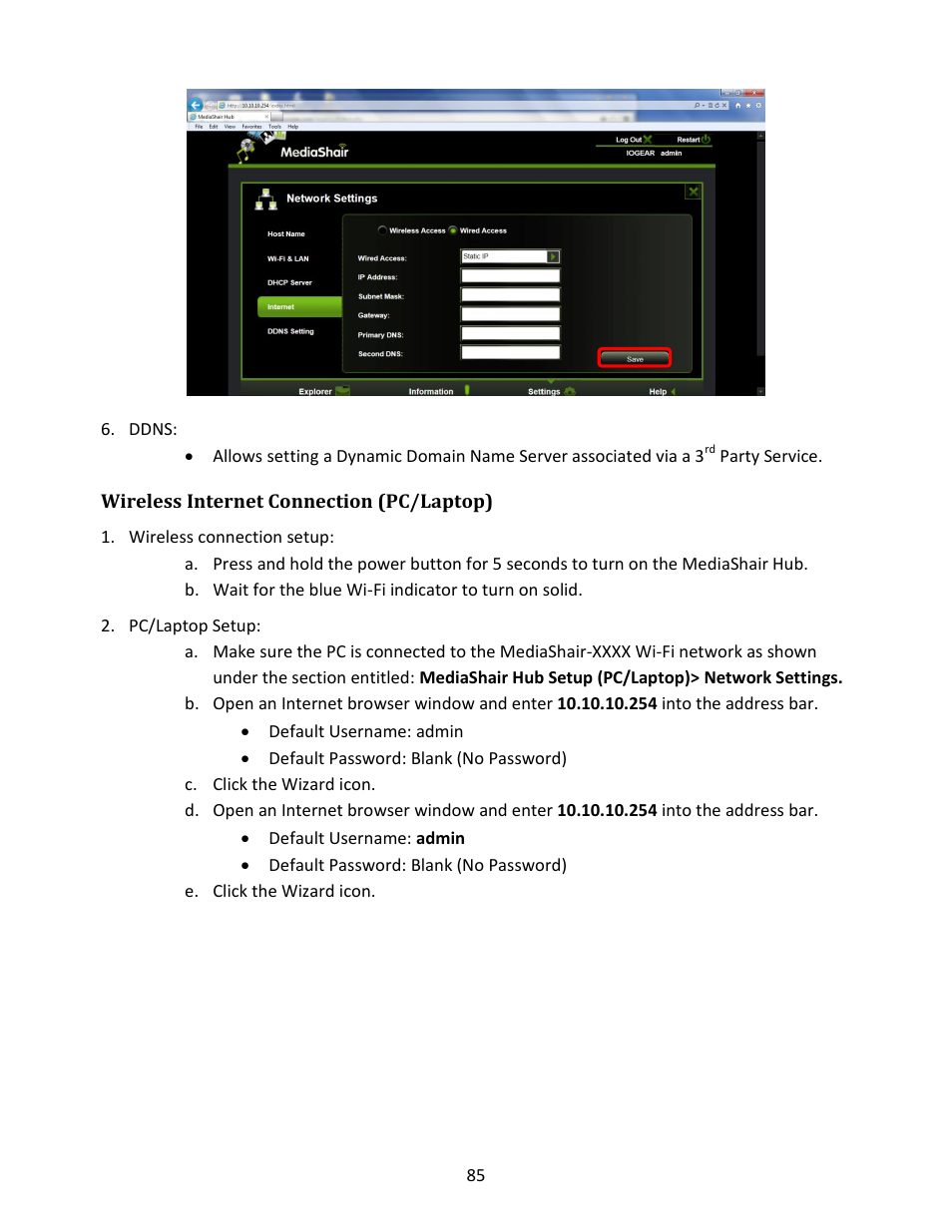 Ddns, Wireless internet connection (pc/laptop), Wireless connection setup | Pc/laptop setup | IOGear GWFRSDU Manual User Manual | Page 85 / 103
