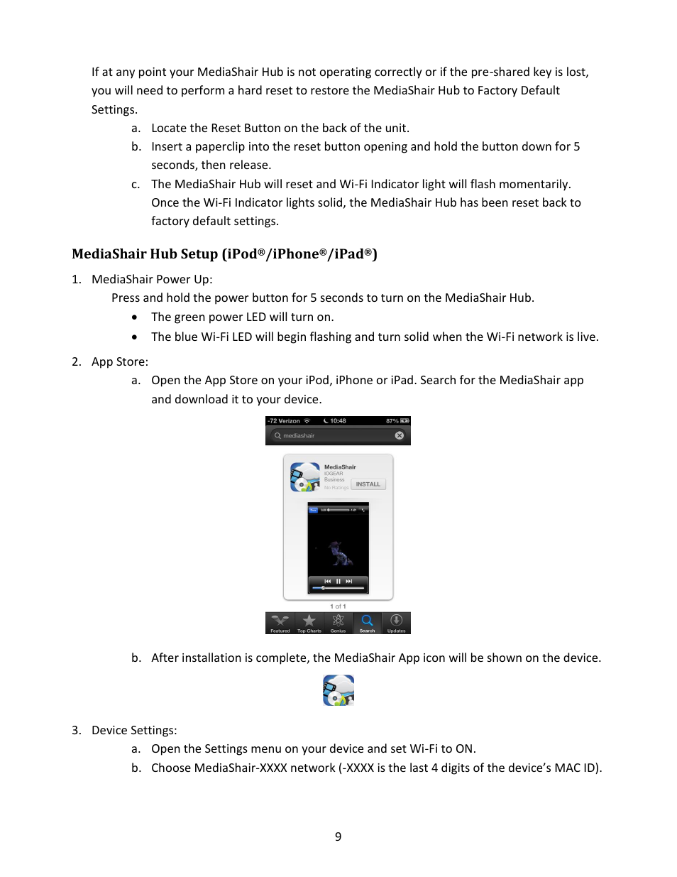 Mediashair hub setup (ipod, Iphone, Ipad | Mediashair power up, App store, Device settings | IOGear GWFRSDU Manual User Manual | Page 9 / 103