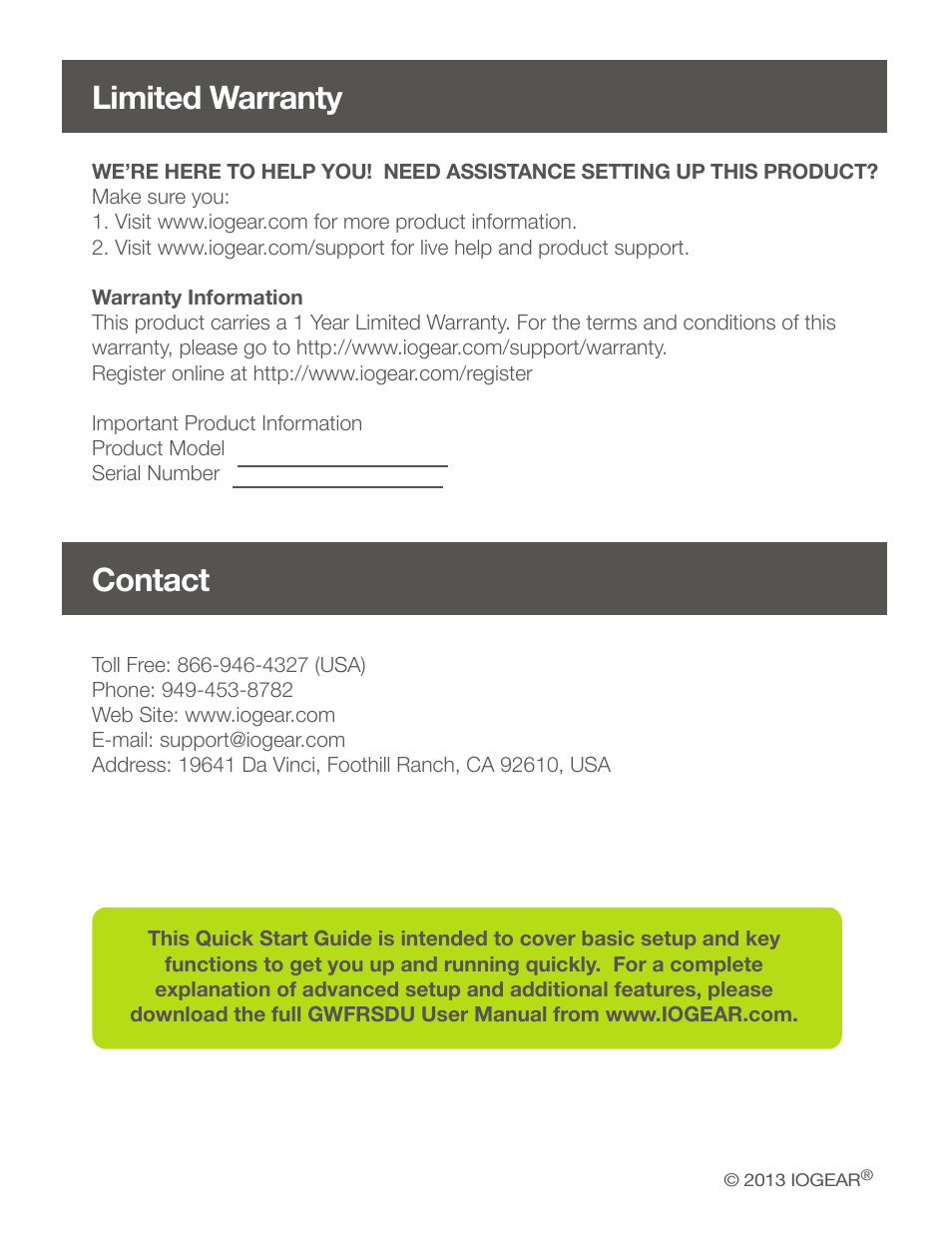 Limited warranty contact | IOGear GWFRSDU Quick Start User Manual | Page 20 / 20