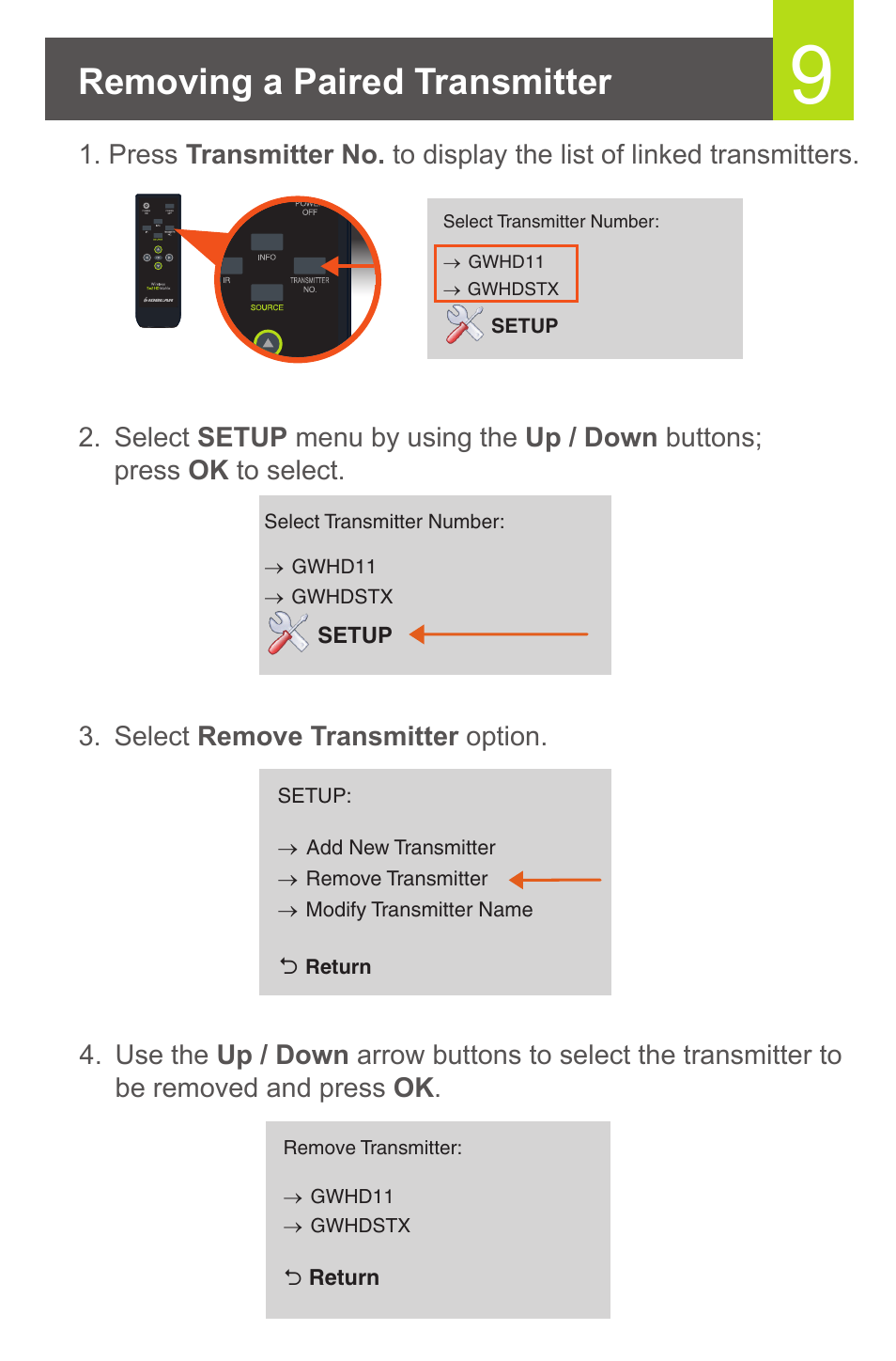Removing a paired transmitter | IOGear GWHD11 User Manual | Page 10 / 12