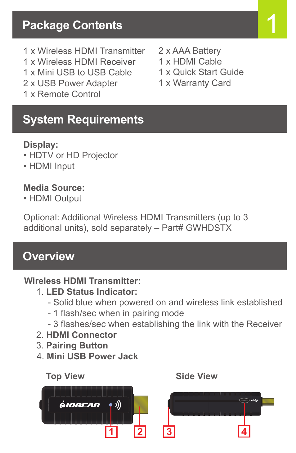 Package contents system requirements overview | IOGear GWHD11 User Manual | Page 2 / 12