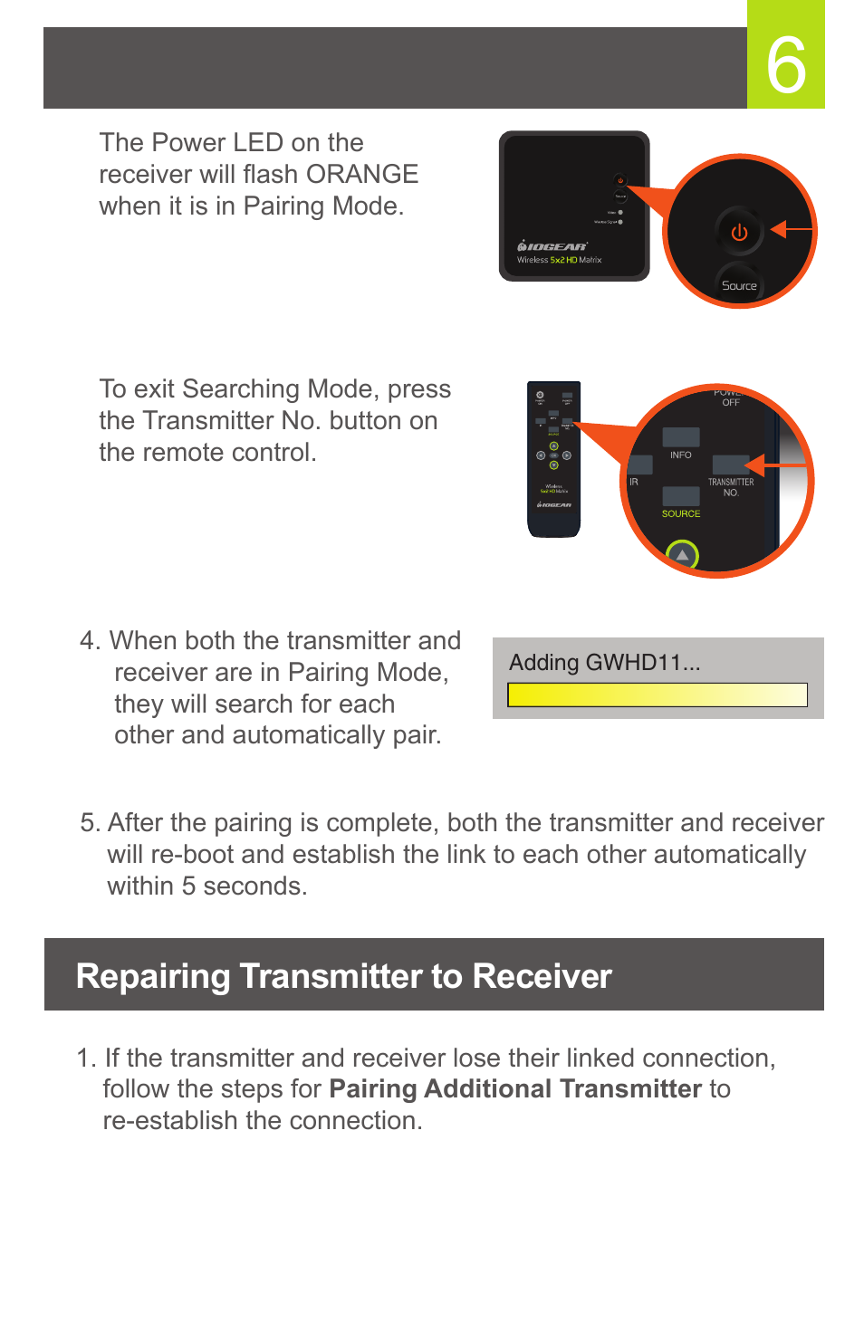 Repairing transmitter to receiver | IOGear GWHD11 User Manual | Page 7 / 12