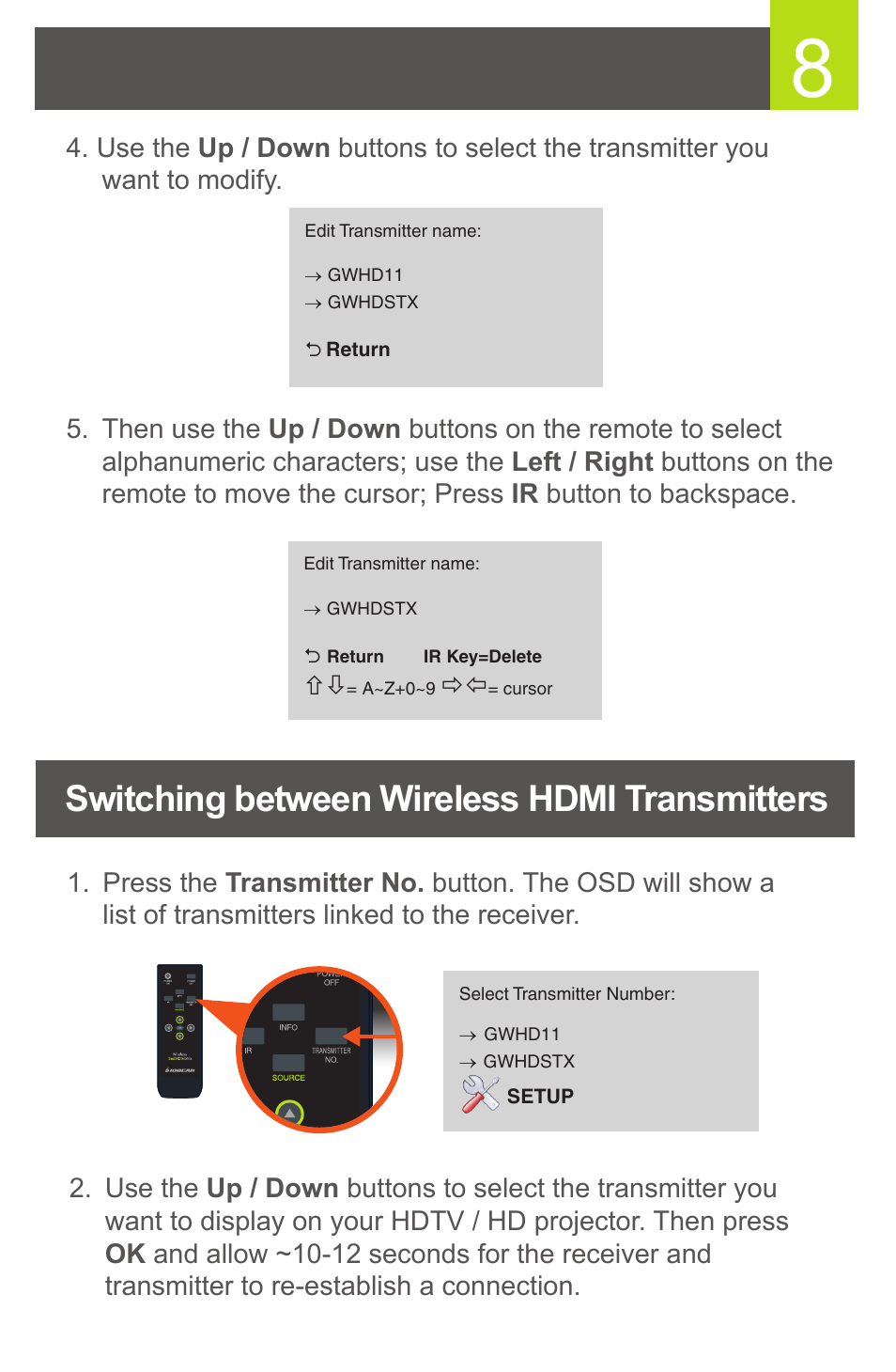 Switching between wireless hdmi transmitters | IOGear GWHD11 User Manual | Page 9 / 12
