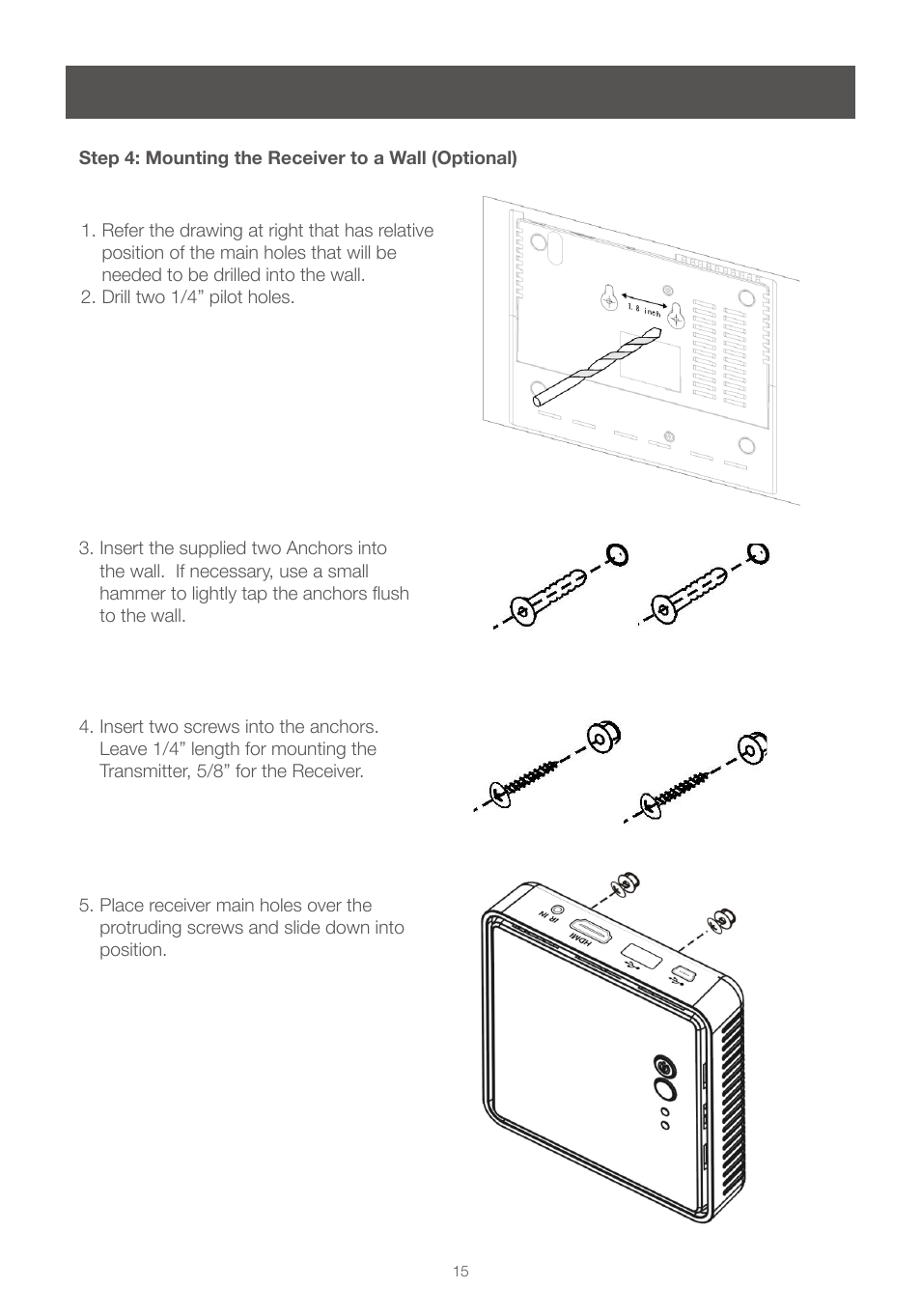 Step 4: mounting the receiver to a wall (optional) | IOGear GWHDMS52 User Manual | Page 15 / 32