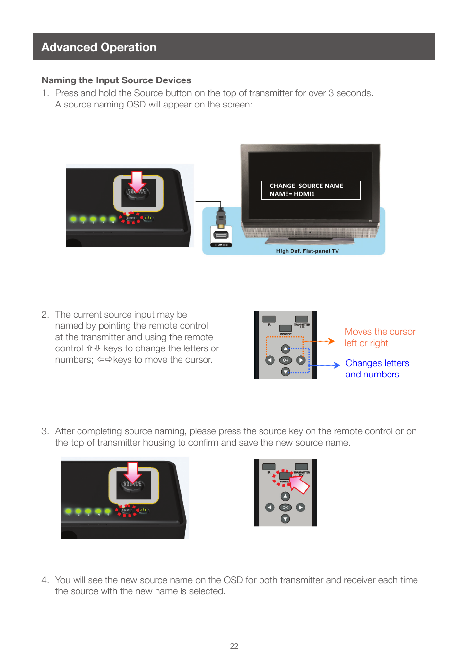 Advanced operation, Naming the input source devices | IOGear GWHDMS52 User Manual | Page 22 / 32
