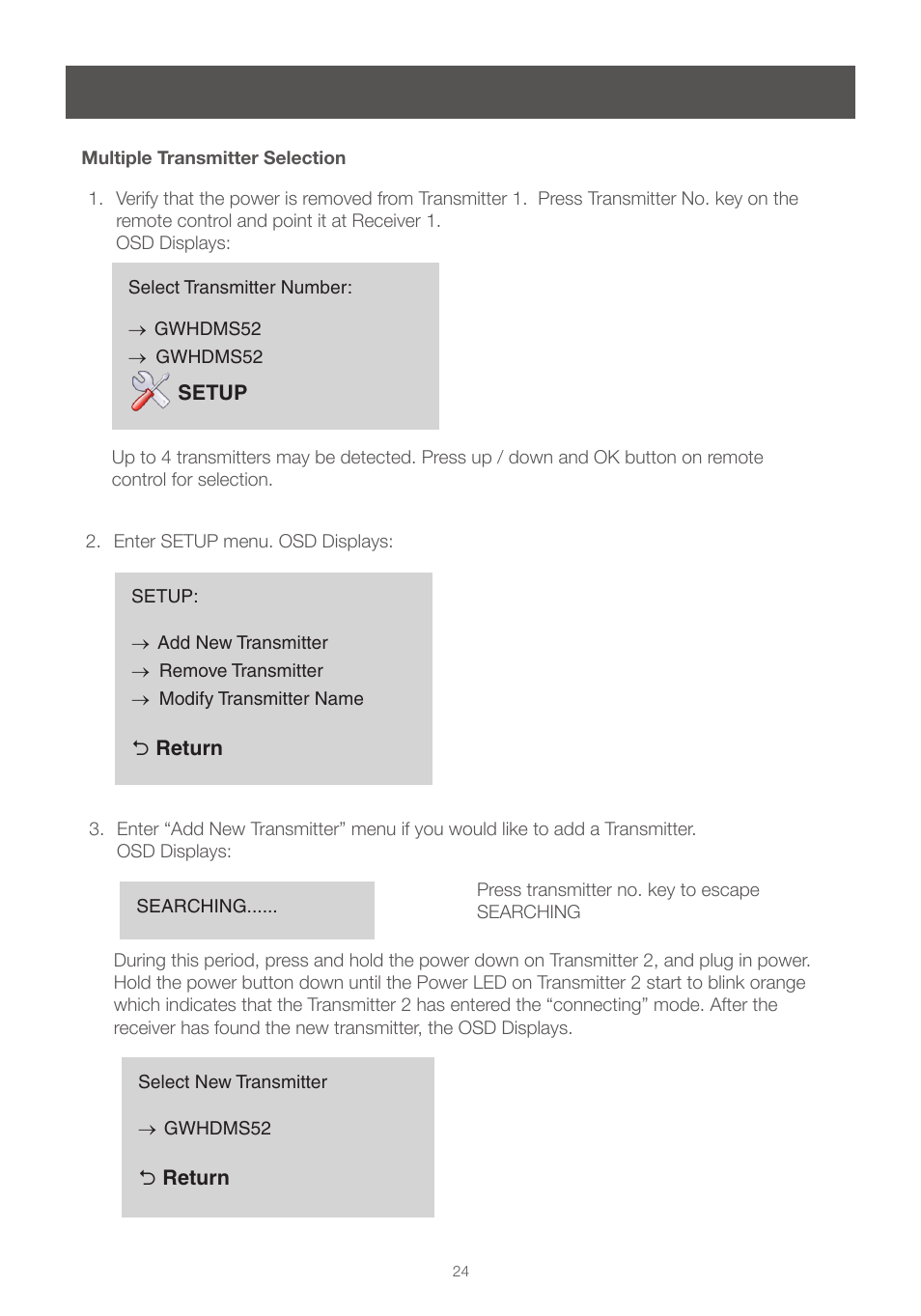 Multiple transmitter selection | IOGear GWHDMS52 User Manual | Page 24 / 32