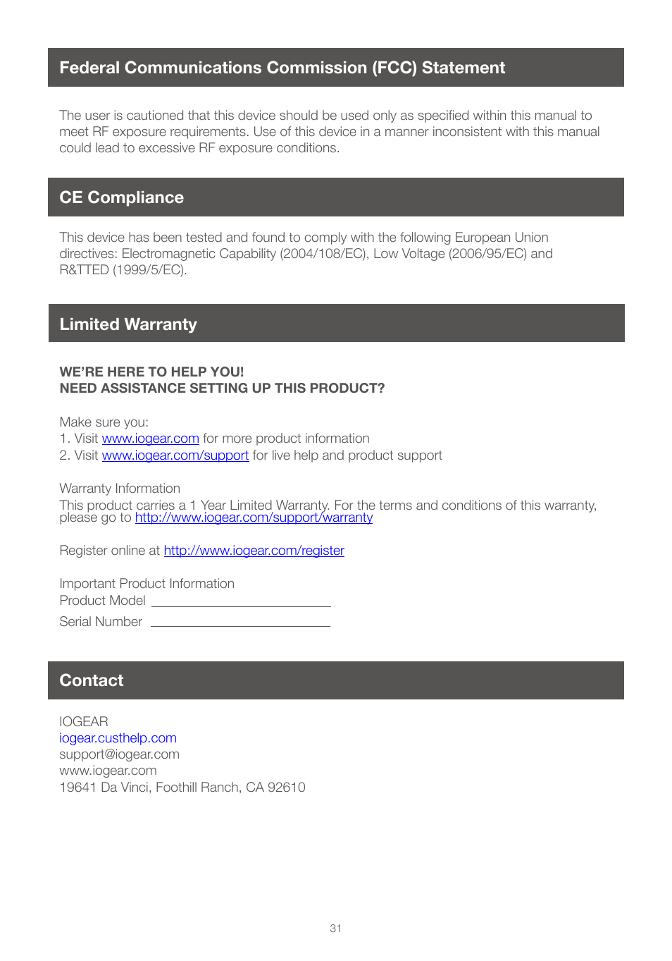 Federal communications commission (fcc) statement, Ce compliance, Limited warranty | Contact, Contact ce compliance limited warranty | IOGear GWHDMS52 User Manual | Page 31 / 32