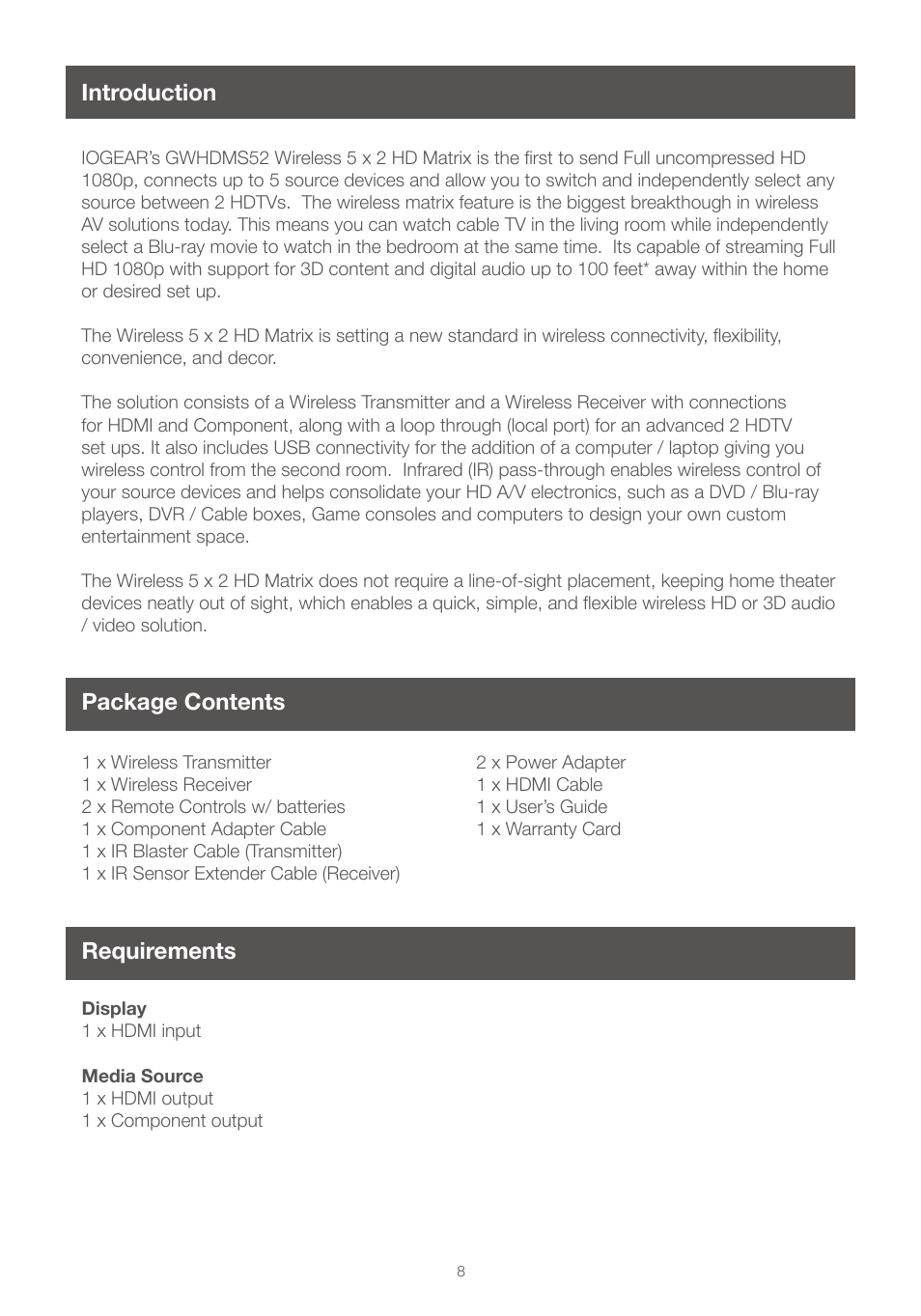 Introduction, Package contents, Requirements | IOGear GWHDMS52 User Manual | Page 8 / 32