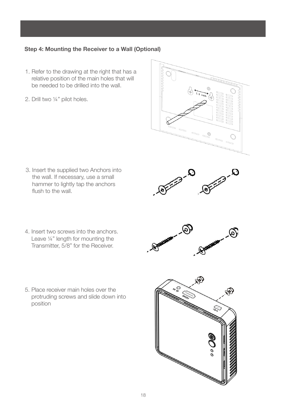 Step 4: mounting the receiver to a wall (optional) | IOGear GWHDMS52MB User Manual | Page 18 / 32