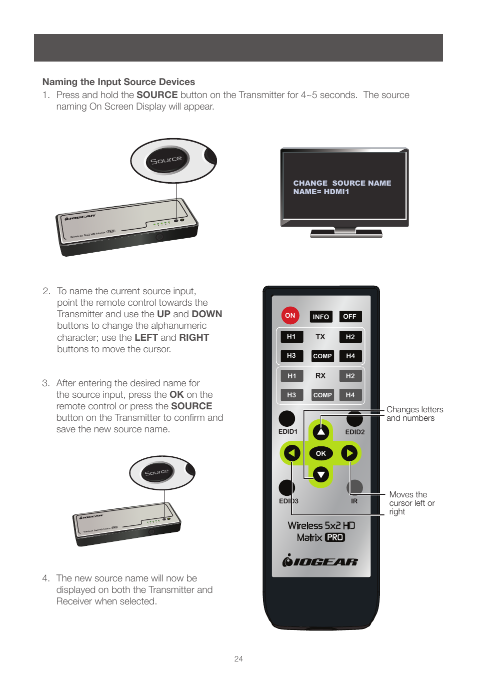 Naming the input source devices | IOGear GWHDMS52MB User Manual | Page 24 / 32