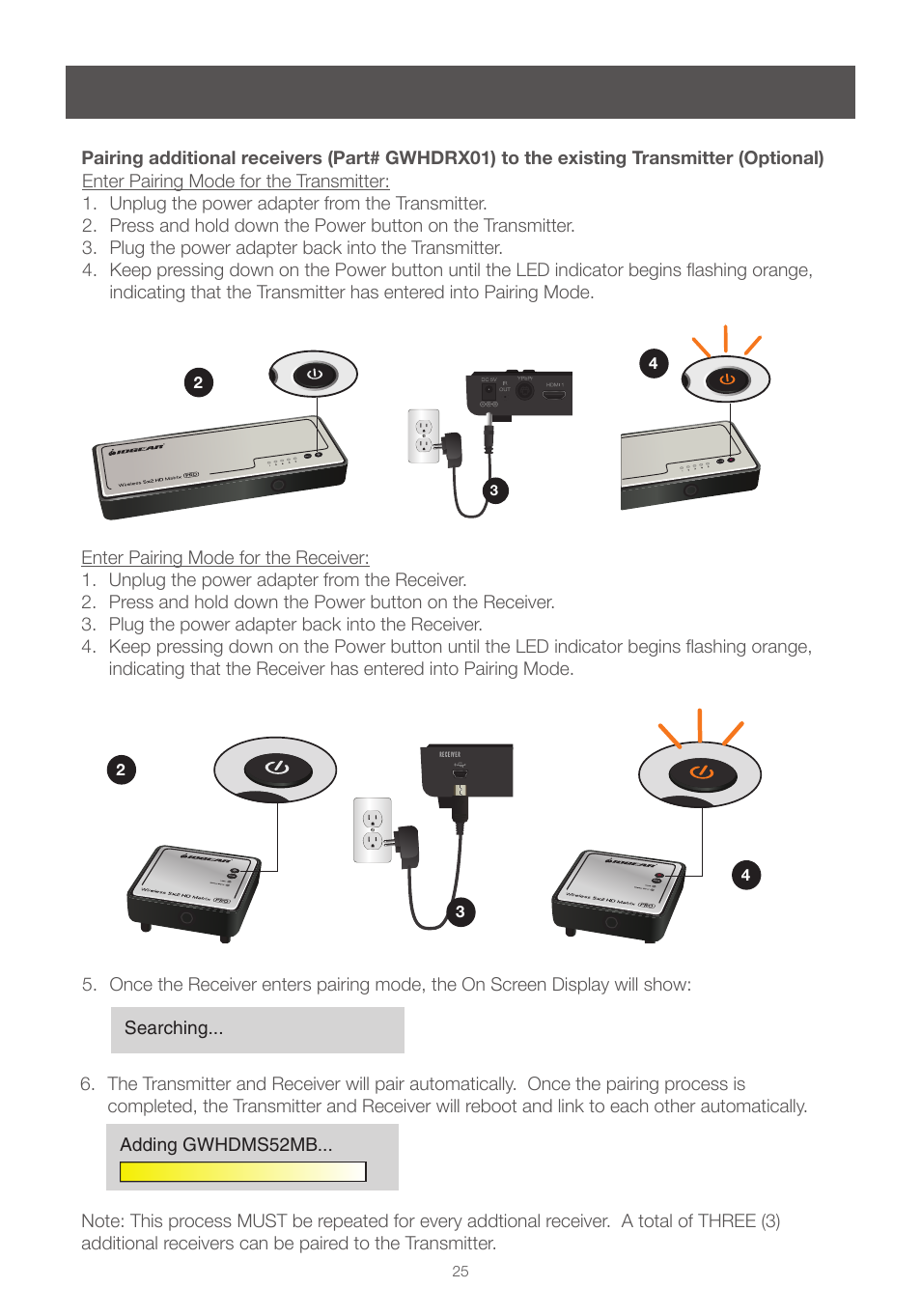 Pairing additional receivers (optional) | IOGear GWHDMS52MB User Manual | Page 25 / 32