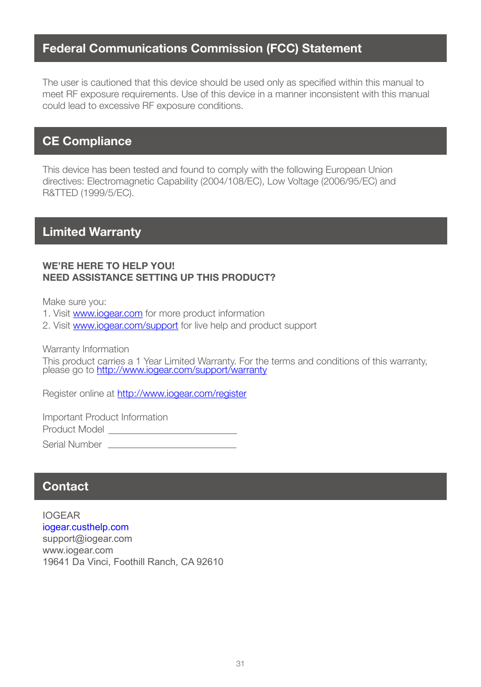 Federal communications commission (fcc) statement, Ce compliance, Limited warranty | Contact, Contact ce compliance limited warranty | IOGear GWHDMS52MB User Manual | Page 31 / 32
