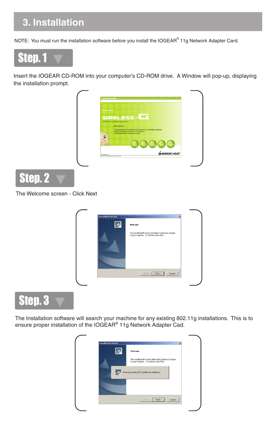 Step. 1 step. 3, Step. 2, Installation | IOGear GWP511 Quick Start User Manual | Page 3 / 8