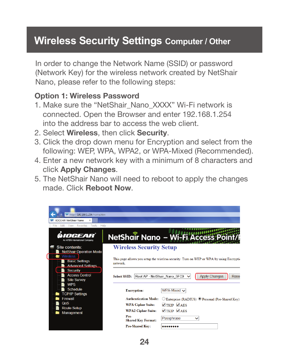 Wireless security settings laptop / computer, Wireless security settings - computer / other, Wireless security settings | IOGear GWPAP1 User Manual | Page 24 / 30