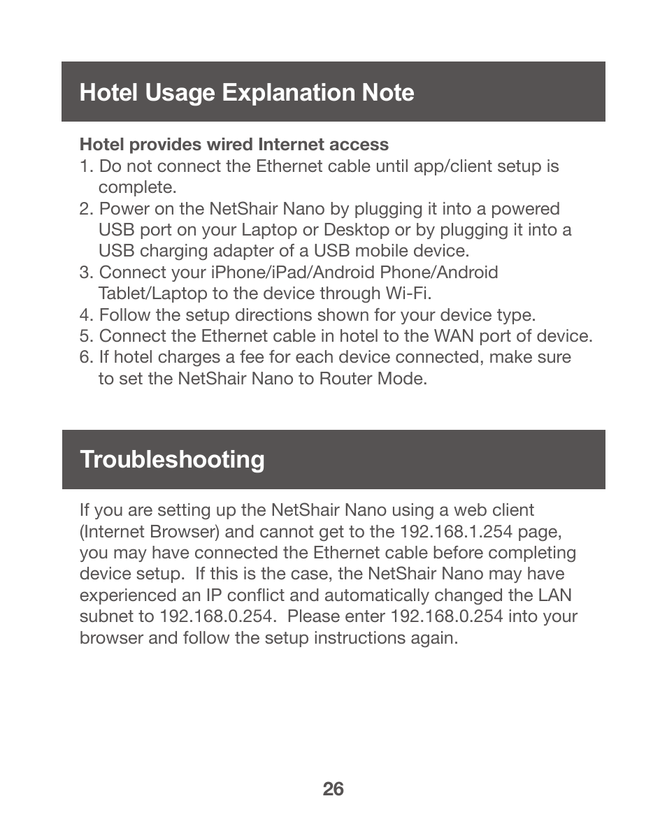 Hotel usage explanation note, Troubleshooting | IOGear GWPAP1 User Manual | Page 26 / 30