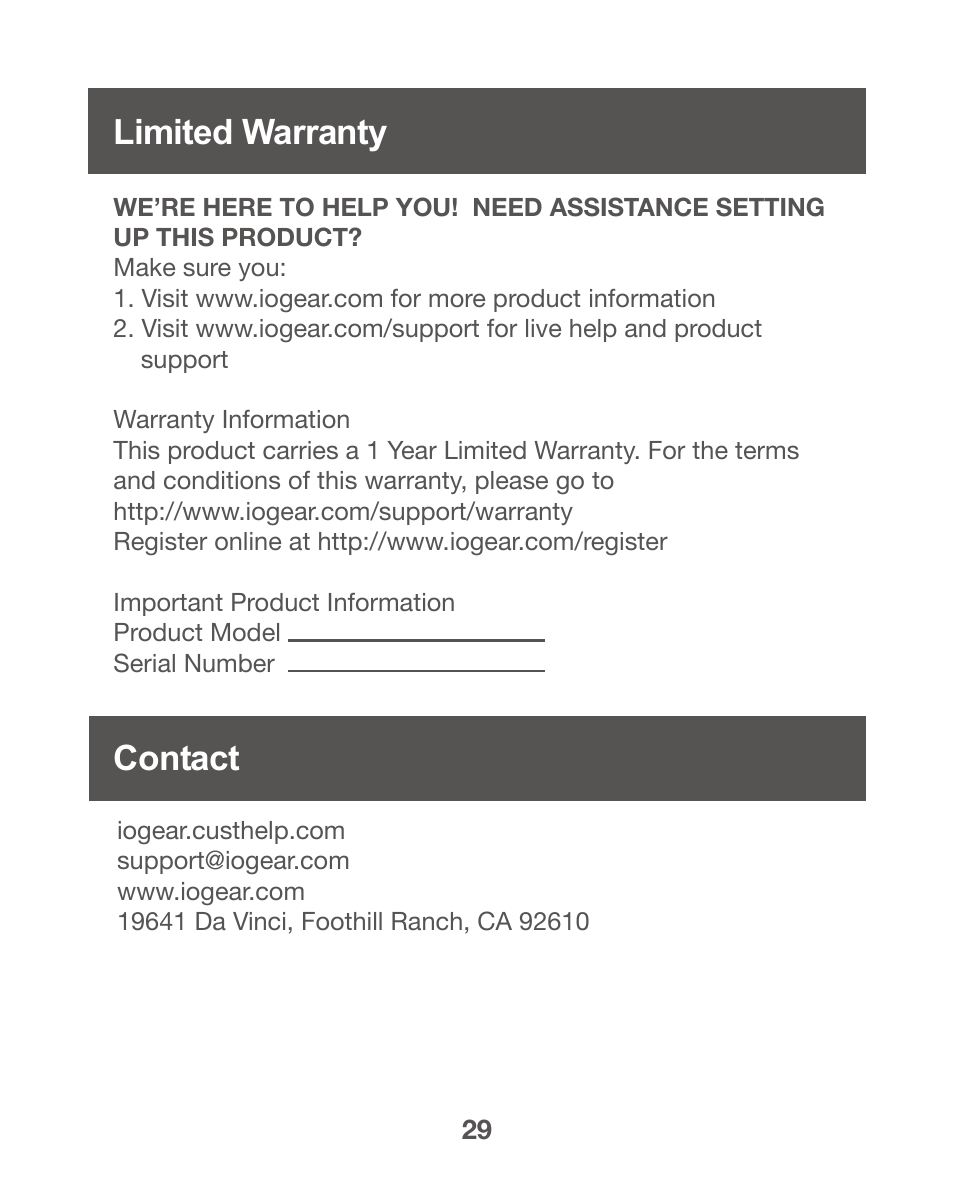 Limited warranty, Contact, Limited warranty contact | IOGear GWPAP1 User Manual | Page 29 / 30