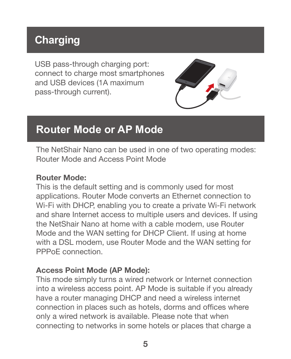 Charging, Router mode or ap mode, Charging router mode or ap mode | IOGear GWPAP1 User Manual | Page 5 / 30