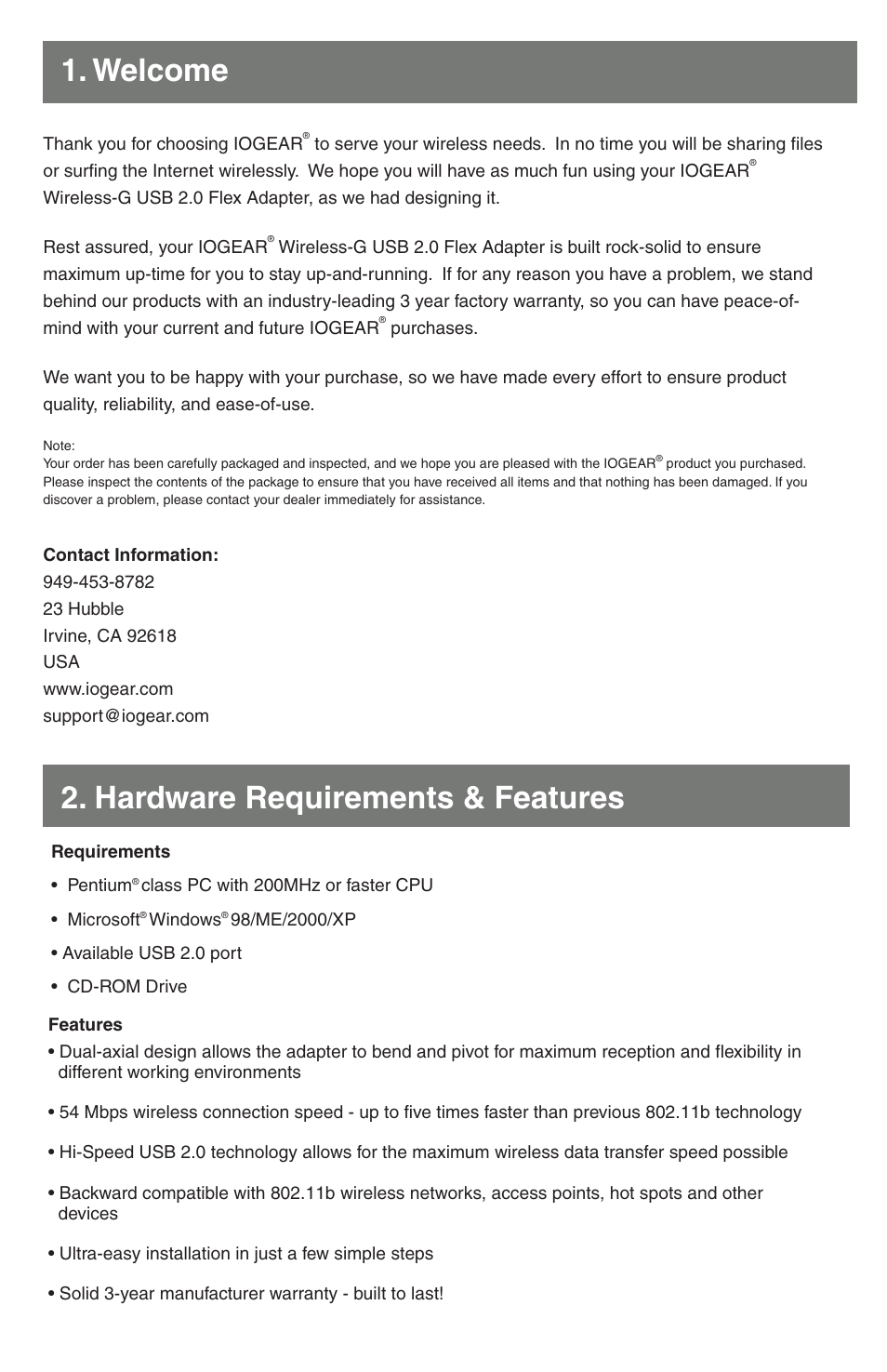 Hardware requirements & features 1. welcome | IOGear GWU513 Quick Start User Manual | Page 2 / 8