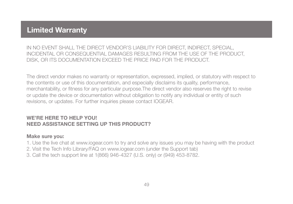 Limited warranty | IOGear GWU627W6 User Manual | Page 49 / 52