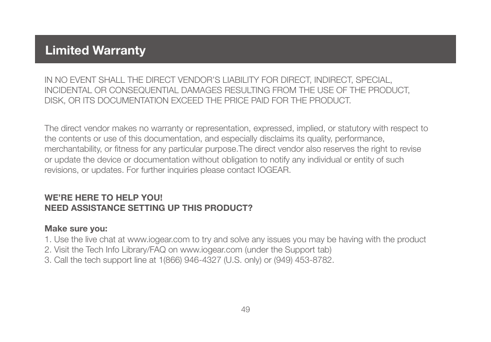 Limited warranty | IOGear GWU647 User Manual | Page 49 / 52