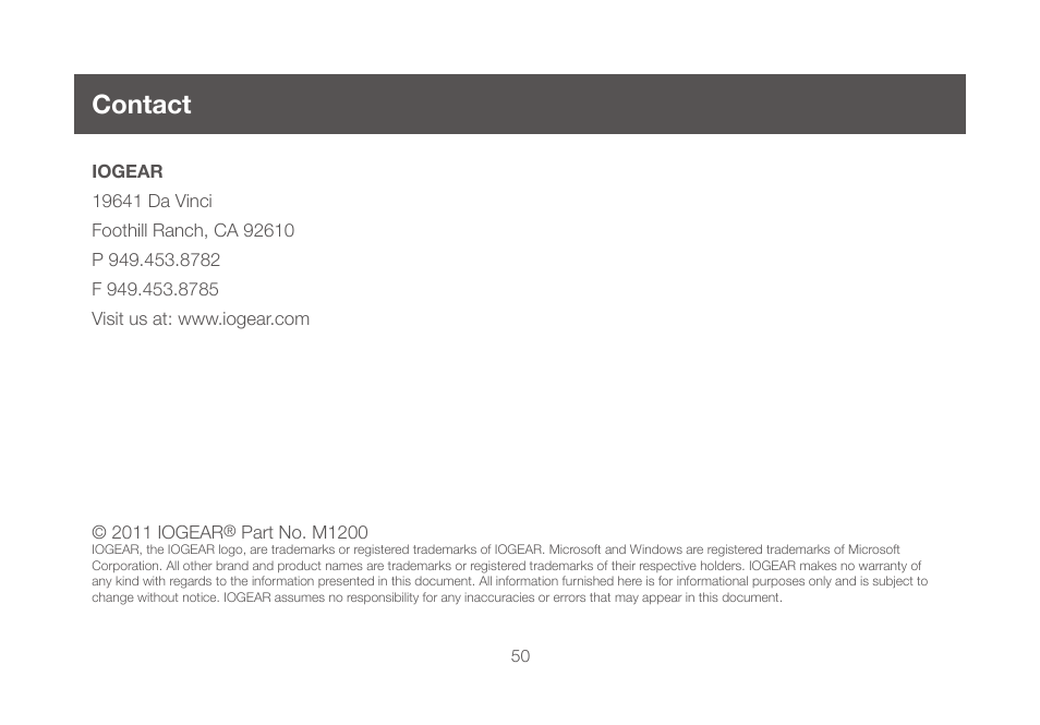 Contact, Contact 50 | IOGear GWU647 User Manual | Page 50 / 52