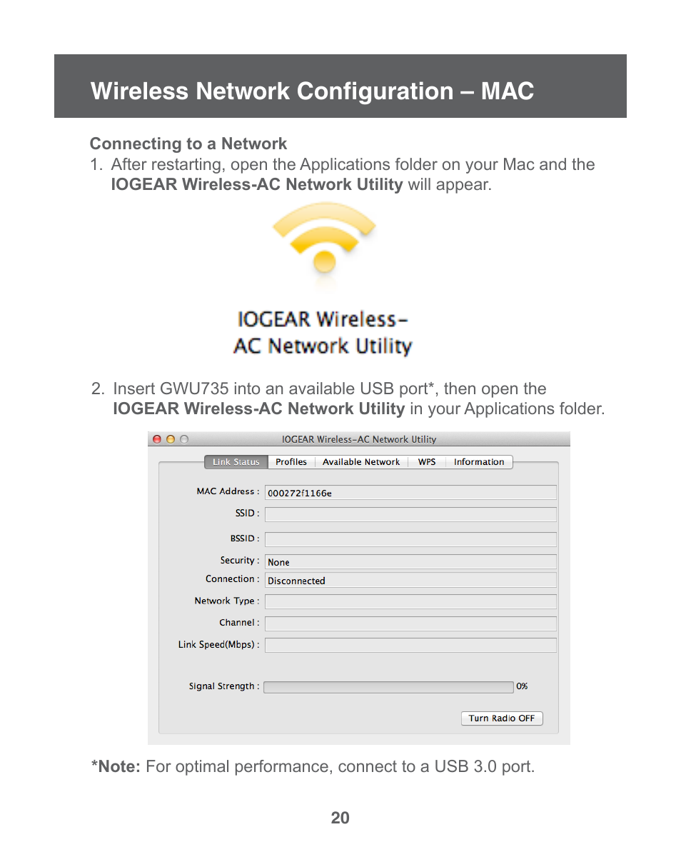 Wireless network configuration – mac | IOGear GWU735 User Manual | Page 20 / 30