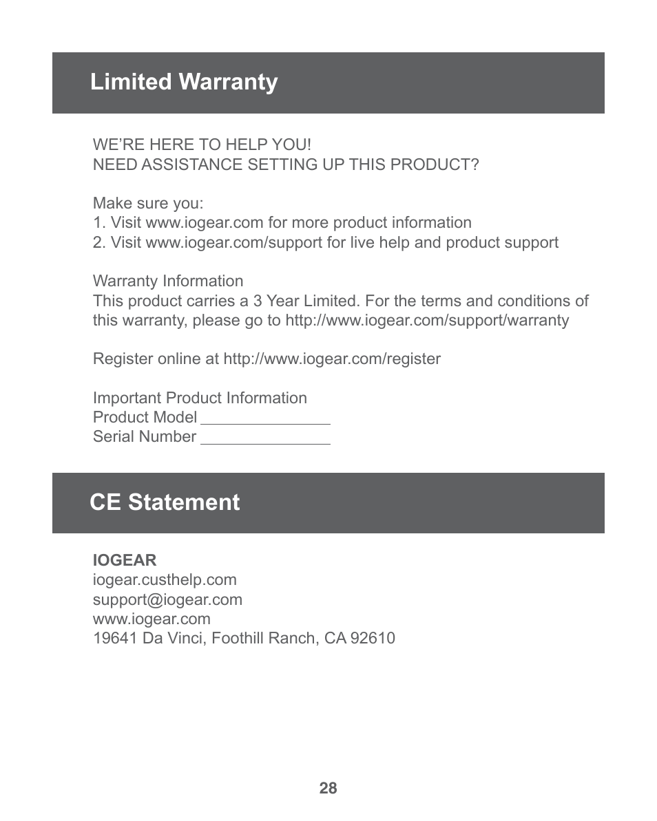 Limited warranty, Ce statement | IOGear GWU735 User Manual | Page 28 / 30