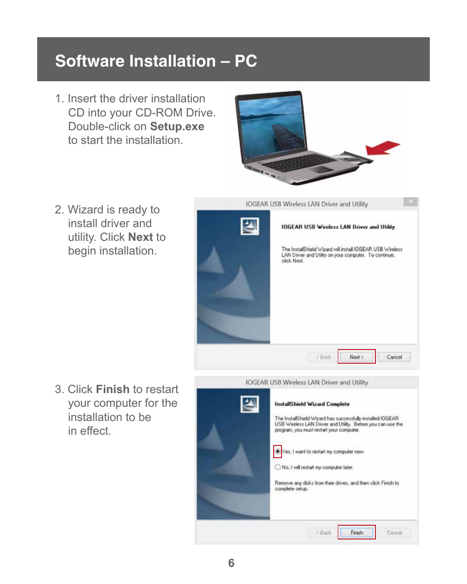 Software installation – pc | IOGear GWU735 User Manual | Page 6 / 30