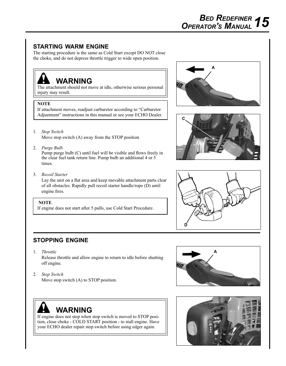 Starting cold engine, Warning | Echo BRD-280 Serial S70812001001 - S70812014074 User Manual | Page 15 / 36