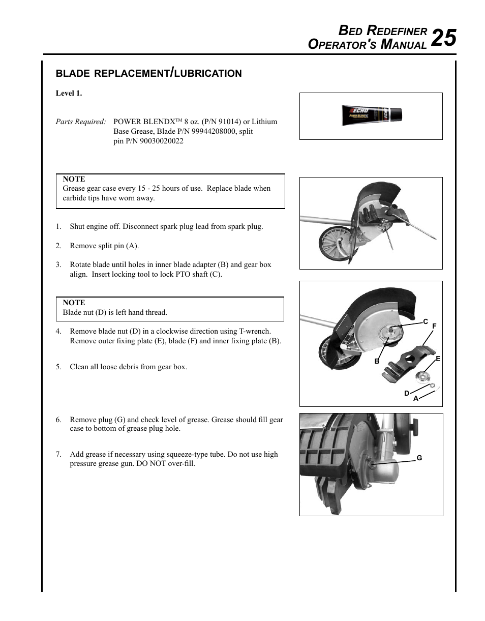 Blade replacement/lubrication | Echo BRD-280 Serial S70812001001 - S70812014074 User Manual | Page 25 / 36