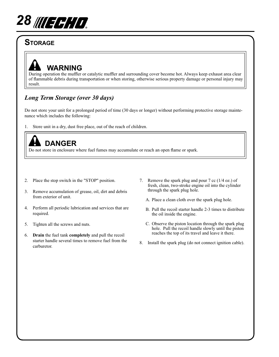 Storage, Warning, Danger | Long term storage (over 30 days) | Echo BRD-280 Serial S70812001001 - S70812014074 User Manual | Page 28 / 36