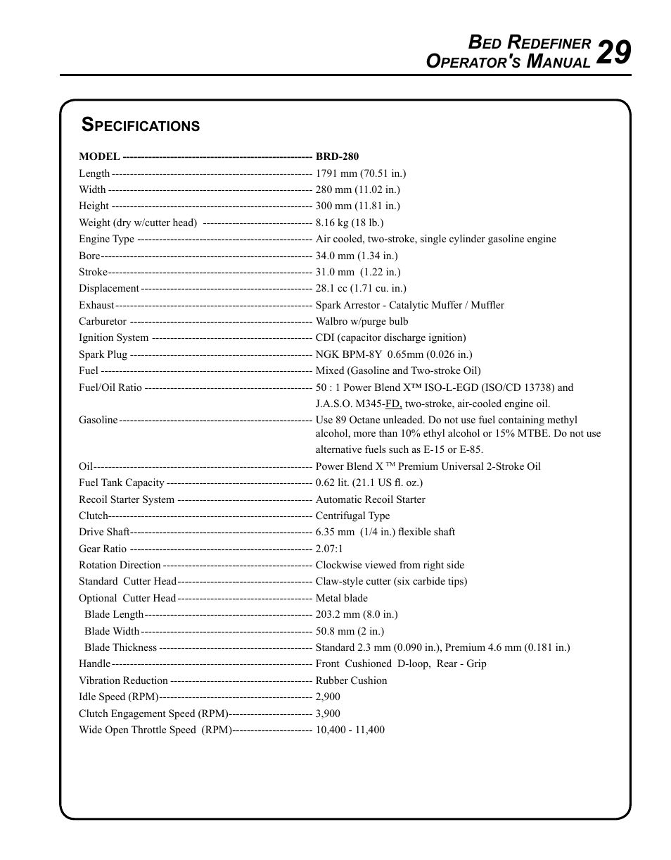 Specifications | Echo BRD-280 Serial S70812001001 - S70812014074 User Manual | Page 29 / 36