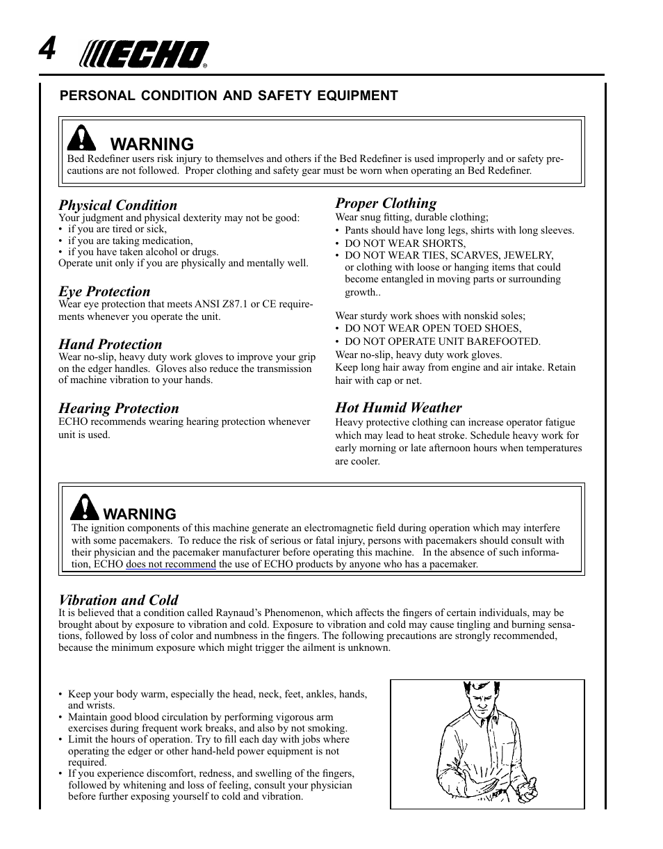 Warning, Physical condition, Eye protection | Hand protection, Hearing protection, Vibration and cold, Proper clothing, Hot humid weather | Echo BRD-280 Serial S70812001001 - S70812014074 User Manual | Page 4 / 36