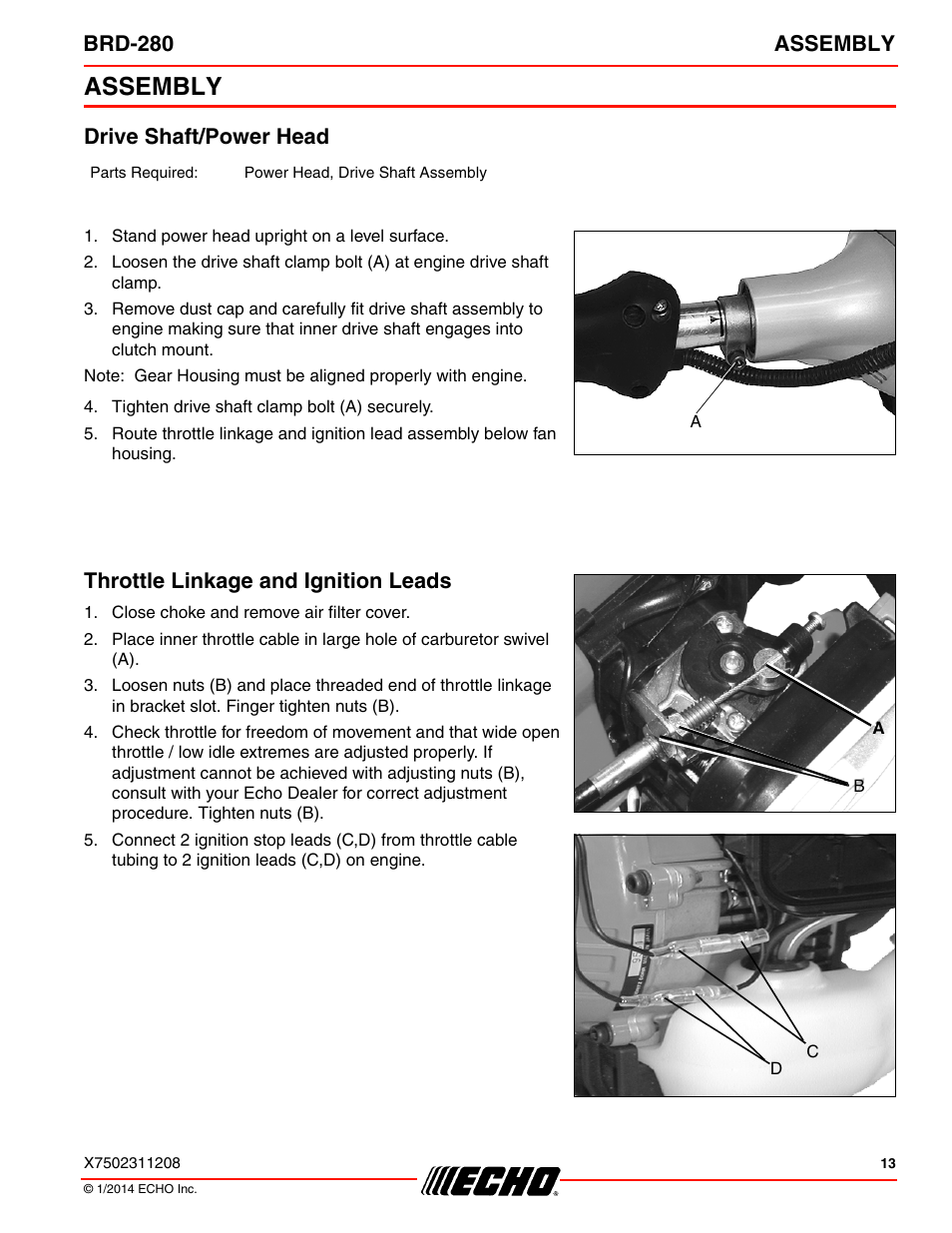Assembly, Drive shaft/power head, Throttle linkage and ignition leads | Brd-280 assembly | Echo BRD-280 Serial S70812014075 - S70812999999 User Manual | Page 13 / 36