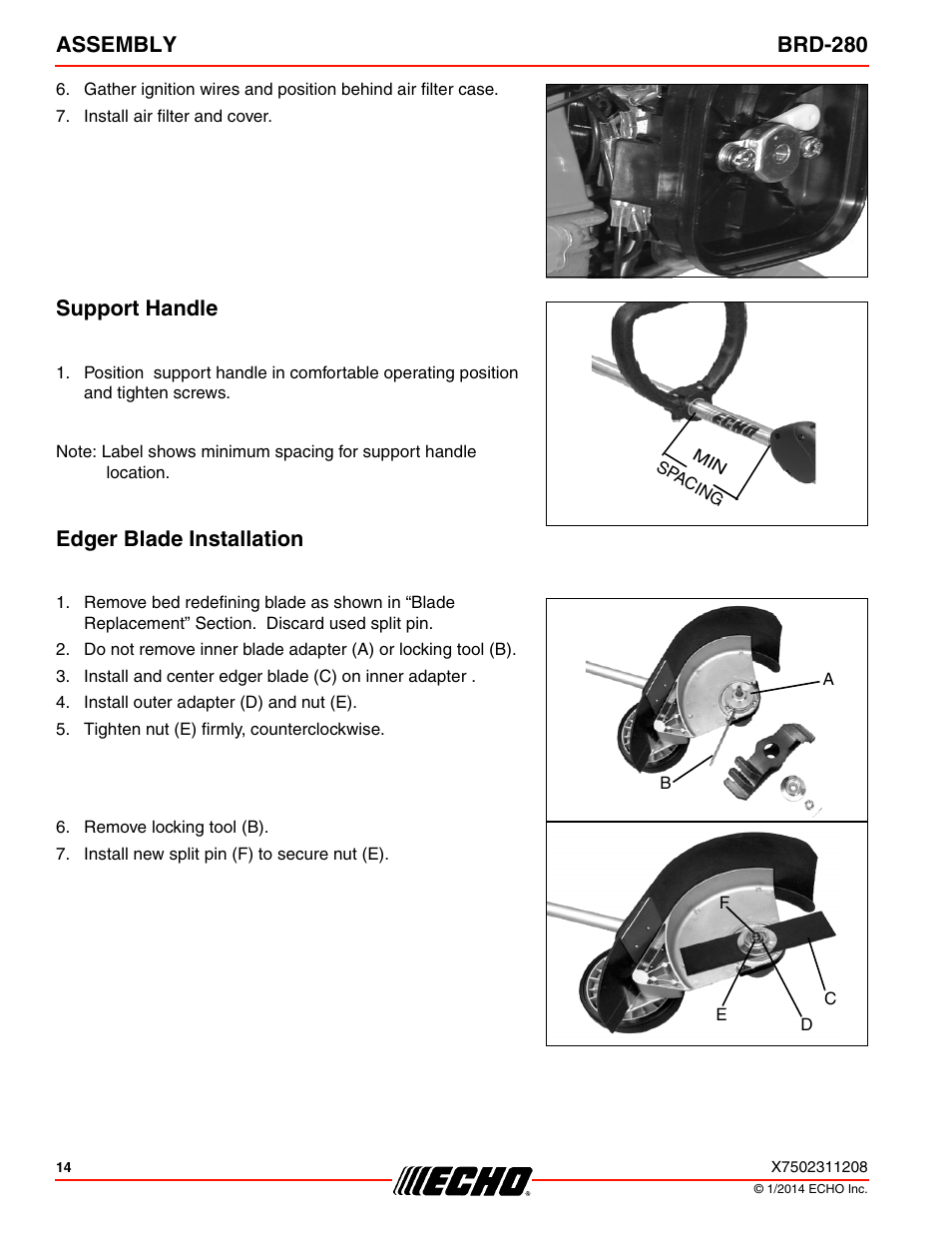 Support handle, Edger blade installation, Support handle edger blade installation | Assembly brd-280 | Echo BRD-280 Serial S70812014075 - S70812999999 User Manual | Page 14 / 36