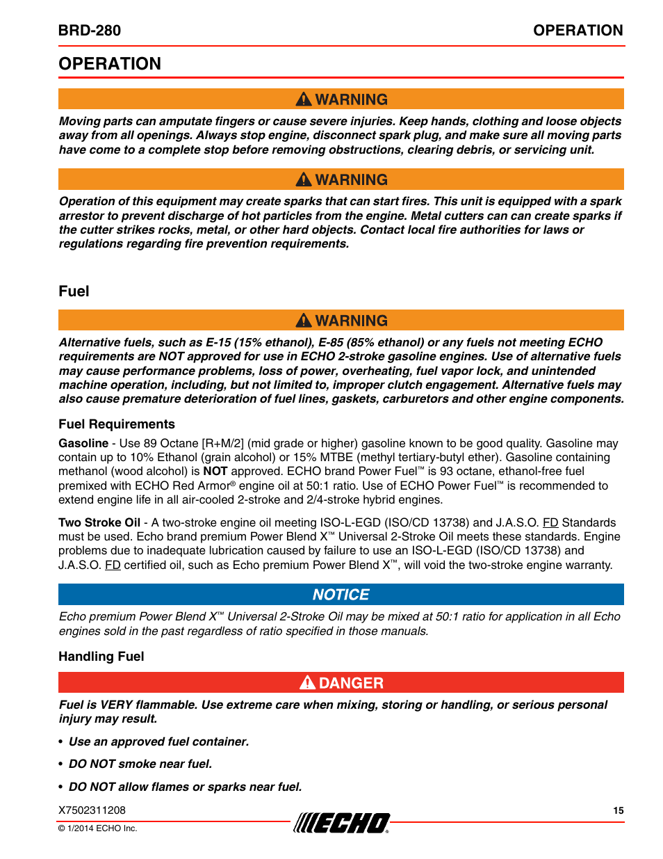 Operation, Fuel, Fuel requirements | Handling fuel, Brd-280 operation | Echo BRD-280 Serial S70812014075 - S70812999999 User Manual | Page 15 / 36