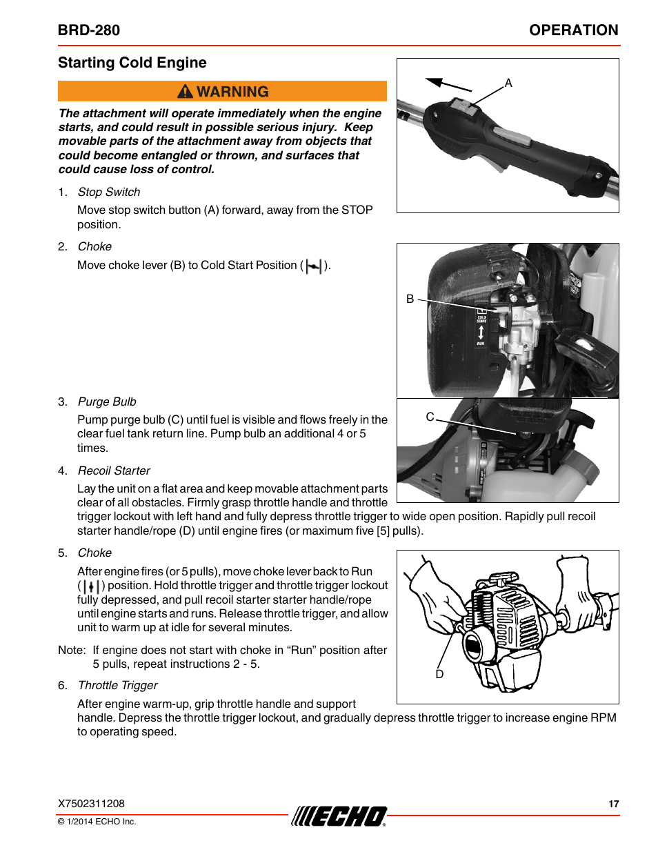Starting cold engine, Brd-280 operation | Echo BRD-280 Serial S70812014075 - S70812999999 User Manual | Page 17 / 36