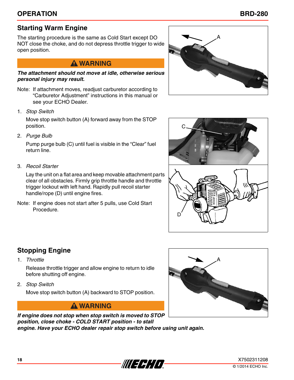Starting warm engine, Stopping engine, Starting warm engine stopping engine | Operation brd-280 starting warm engine | Echo BRD-280 Serial S70812014075 - S70812999999 User Manual | Page 18 / 36