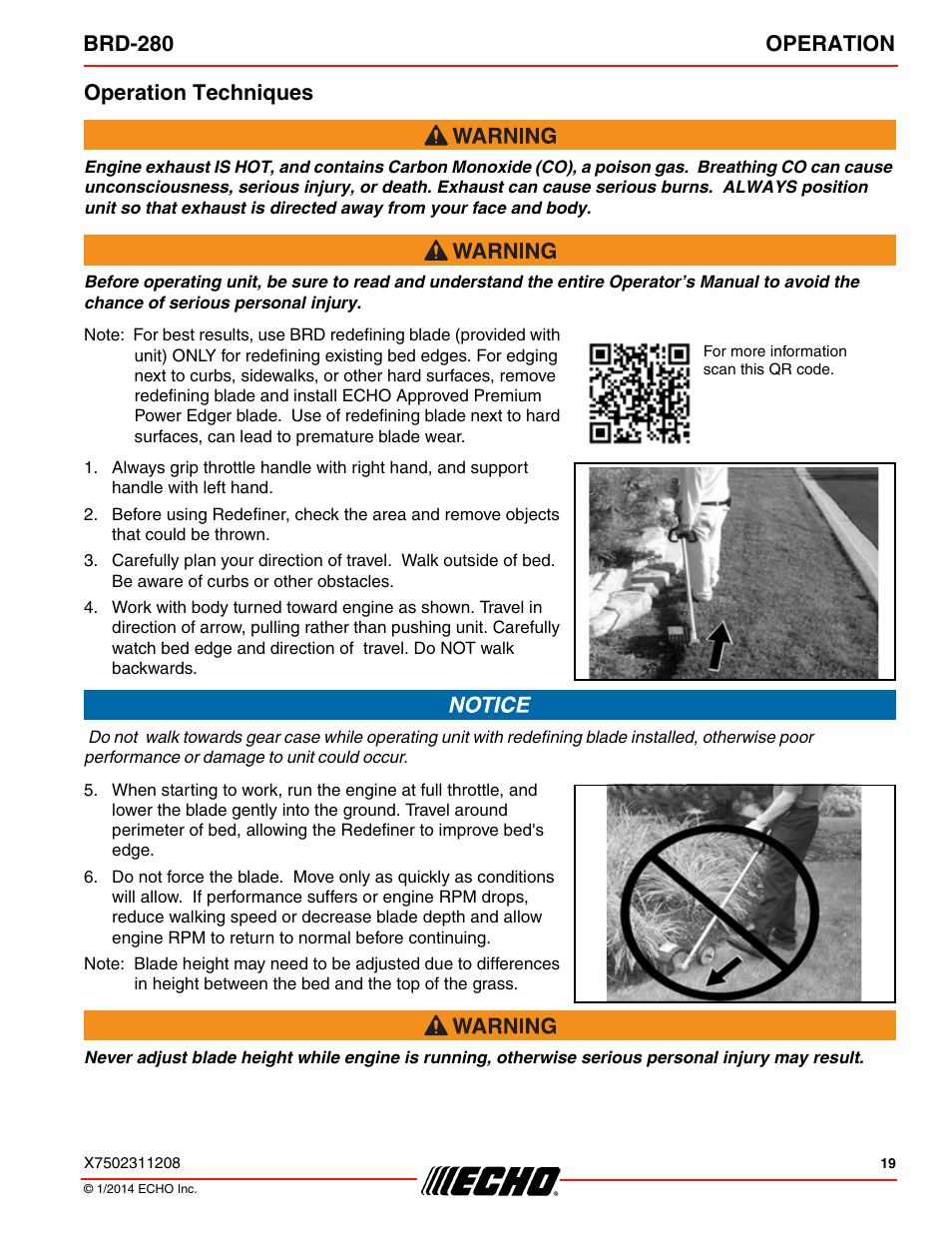 Operation techniques, Brd-280 operation | Echo BRD-280 Serial S70812014075 - S70812999999 User Manual | Page 19 / 36