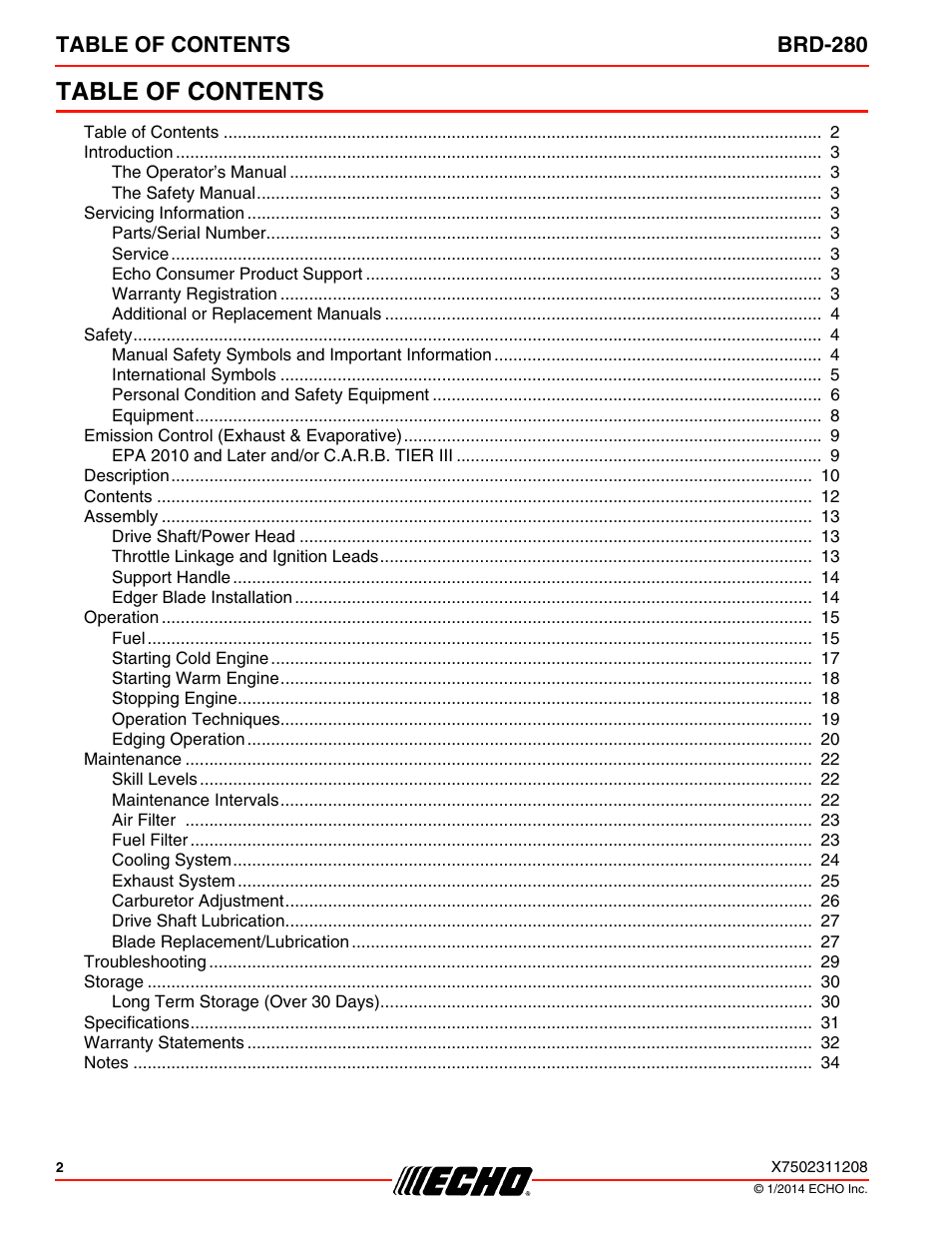 Echo BRD-280 Serial S70812014075 - S70812999999 User Manual | Page 2 / 36