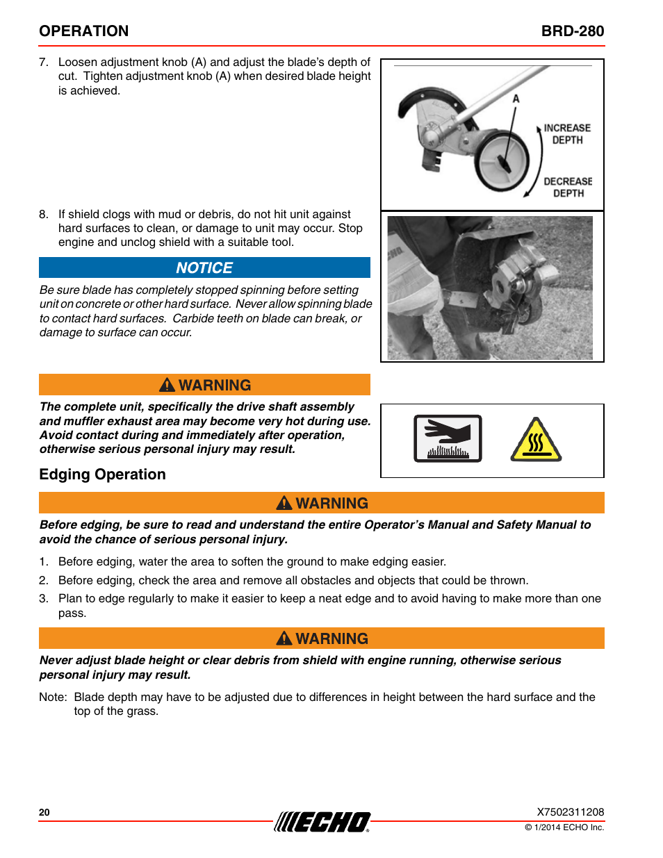 Edging operation, Operation brd-280 | Echo BRD-280 Serial S70812014075 - S70812999999 User Manual | Page 20 / 36