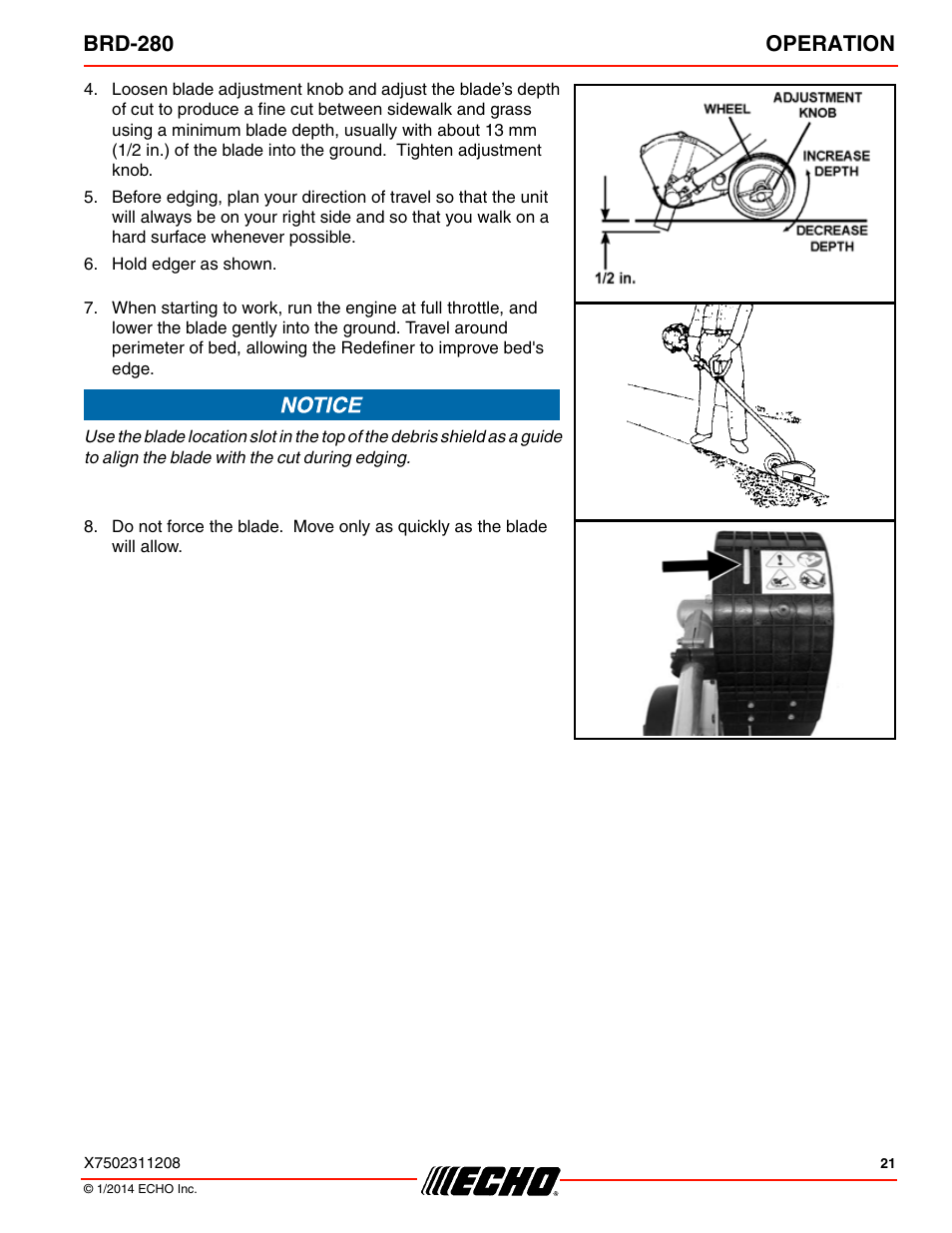 Brd-280 operation | Echo BRD-280 Serial S70812014075 - S70812999999 User Manual | Page 21 / 36