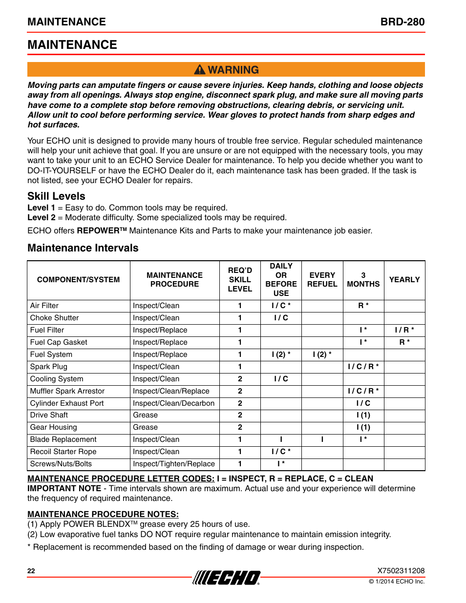 Maintenance, Skill levels, Maintenance intervals | Skill levels maintenance intervals, Maintenance brd-280 | Echo BRD-280 Serial S70812014075 - S70812999999 User Manual | Page 22 / 36